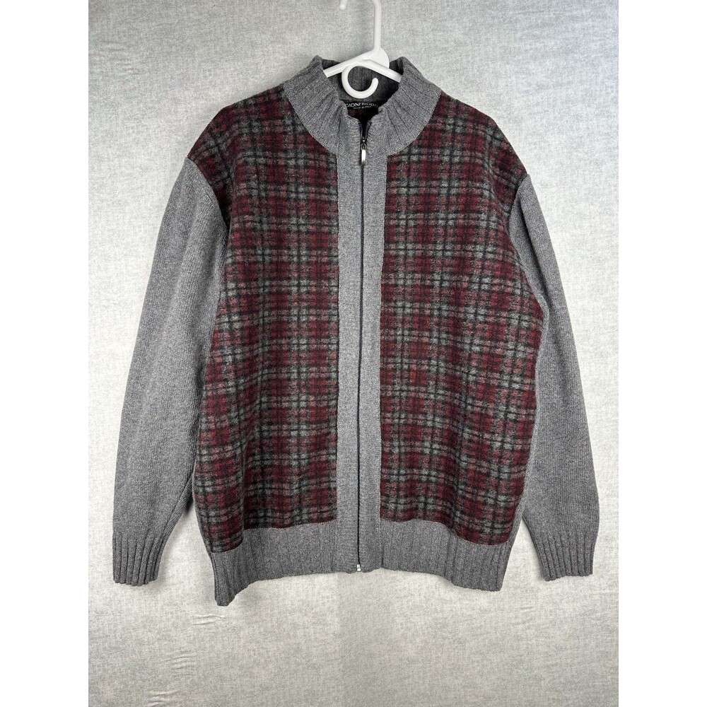 VTG Gionfriddo Full Zip Wool Sweater Mens L Grandpacore Italy Gray Red Plaid